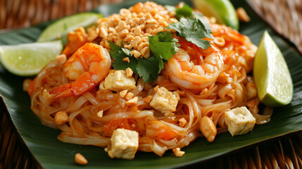 Traditional Pad Thai with stir-fried rice noodles, shrimp, tofu, scrambled eggs, and crushed peanuts, garnished with fresh lime wedges and cilantro, Thai cuisine, recipe, food photography