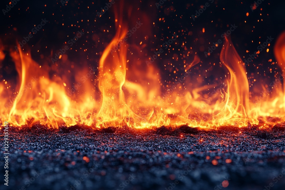 Poster flames dance across a dark surface creating a mesmerizing and intense fiery display in a chaotic nat