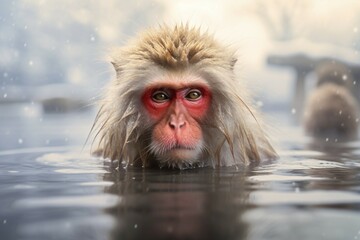 Naklejka premium Japanese Macaque monkey in hot onsen bath. KI generiert, generiert AI generated