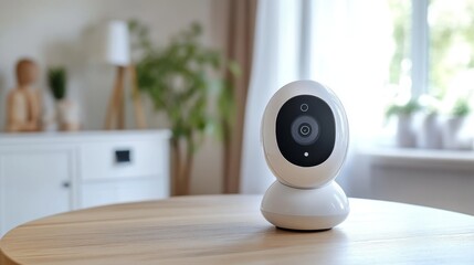 Obraz premium minimalist baby monitor presentation, pure white security camera unit, modern parent viewing screen, light oak table surface, white cabinet background detail, subtle room environment, professional
