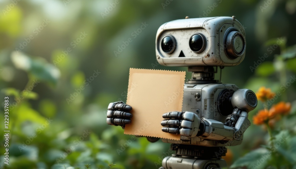 Poster robot holding a cardboard box, a friendly character with package.