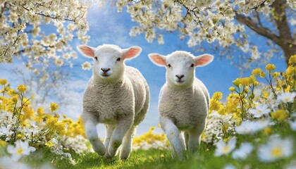 Naklejka premium AI generated, animal, animals, mammal, mammals, biotope, habitat, two lambs, foraging, wildlife, domestic sheep (Ovis aries), (Agnus dei)