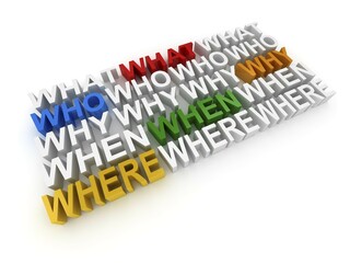 Question words What Where Why When Who, This is a 3d rendered computer generated image. Isolated on white