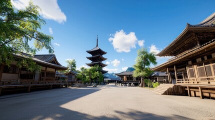 Japanese Temple Complex Under a Sunny Sky
