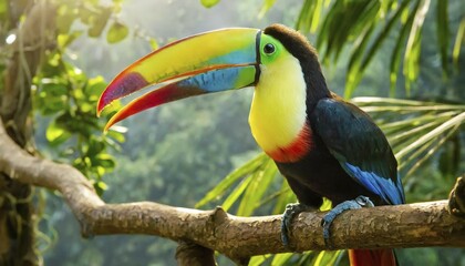 Naklejka premium KI generated, animal, animals, bird, birds, biotope, habitat, one, individual, rainforest, Costa Rica, perch, perch, branch, tree, fisher toucan, rainbow tulcan, toucans, woodpeckers, (Ramphastos sulfuratus), pepper-eater, Central America