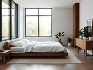 Sleek Modern Bedroom with Platform Bed, Wooden Furniture, Large Windows, and a Serene Neutral Color Palette