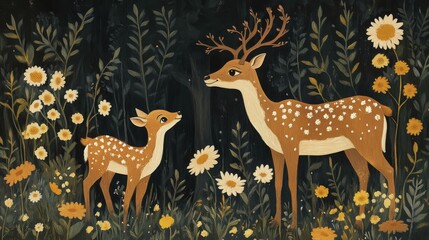 Obraz premium A deer with antlers and a fawn standing among white flowers against a light background, creating a peaceful atmosphere, AI generated