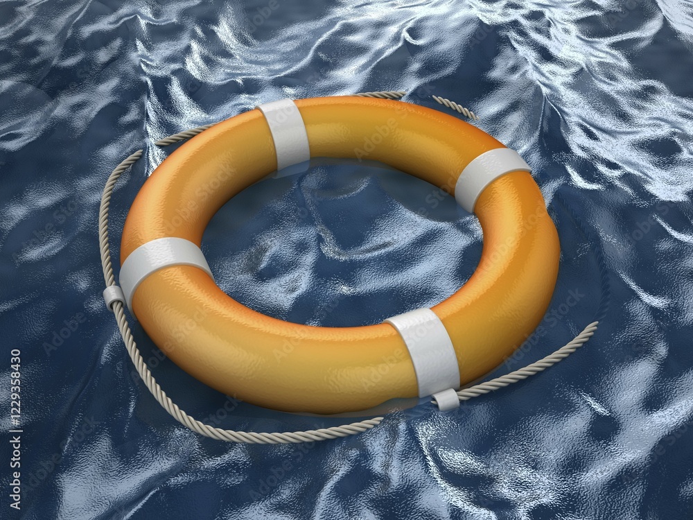 Poster lifebuoy in ocean, this is a computer generated and 3d rendered image
