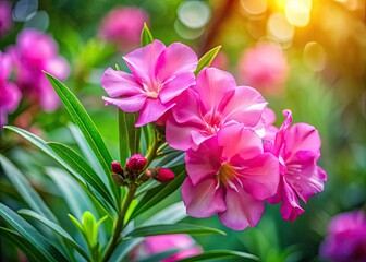 Fototapeta premium Delicate pink oleander blossoms softly blurred, a bokeh garden dream.
