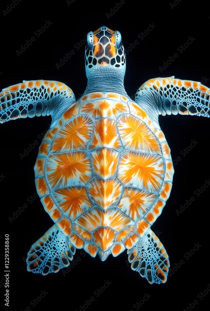 Poster colorful sea turtle floating gracefully underwater in dark ocean background with intricate shell pat