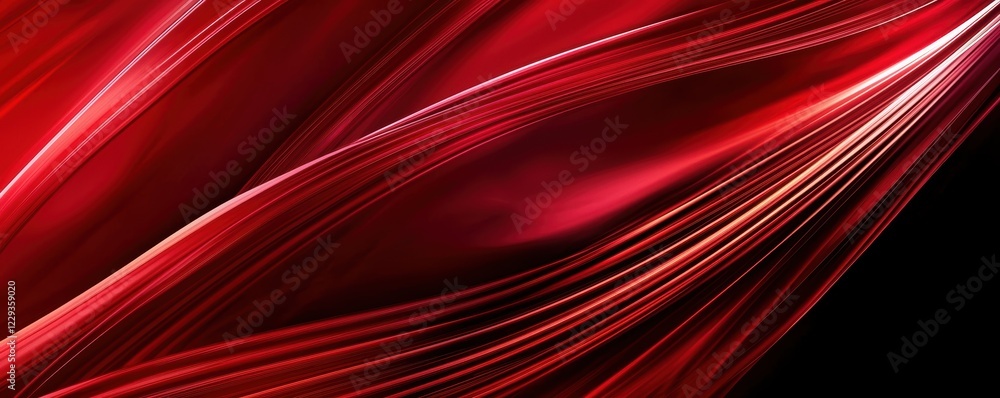 Poster abstract red light trails with soft gradients and highlights, forming elegant waves over a deep blac