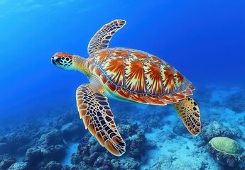 Obraz premium Colorful Sea Turtle Gliding Through Clear Blue Ocean Water Over Vibrant Coral Reef Surrounded by Tropical Marine Life