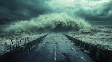 Storm surge flooding a coastal road, waves crashing over barriers, intense weather disaster 
