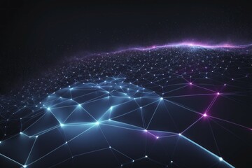 Futuristic digital network with interconnected blue, purple, and pink lines dotted by particles, AI generated