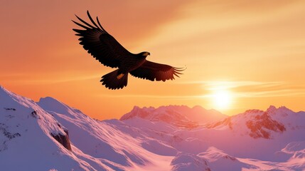 Fototapeta premium Majestic Eagle Soaring Over Snow-Capped Mountains at Sunset