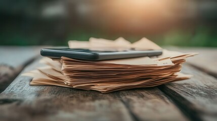 Stack of Receipts With Smartphone Showing Tax Information