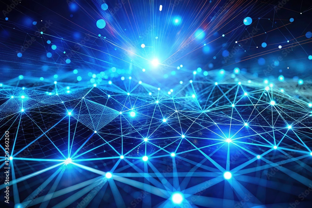 Poster abstract hud: a minimalist tech background of glowing blue particles networked in a digital grid.