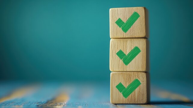 Stacked wooden blocks with green check marks indoor setting conceptual image focused viewpoint for clarity