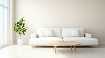 Living room Neutral Color Palette Modern living room with beige walls, a large white sofa, and a light wood coffee table, minimalist design and large windows