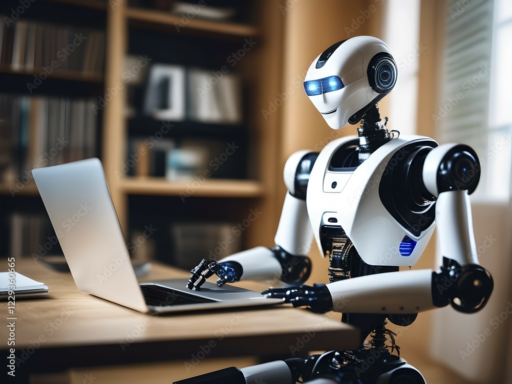Poster android, robot writing on a laptop in the home office, symbolic image artificial intelligence replac