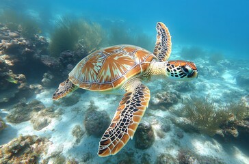 Colorful sea turtle swimming gracefully through clear ocean waters surrounded by vibrant coral reefs and marine life in a tropical underwater paradise