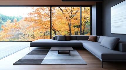 Obraz premium Living room Modern Furniture Living room with a sleek gray sectional sofa, a minimalist coffee table, and a geometric rug, modern artwork and large windows