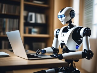Android, robot writing on a laptop in the home office, symbolic image artificial intelligence replaces human labour, AI generated, AI generiert, AI generated