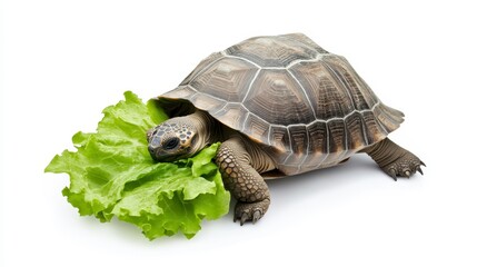 Obraz premium Turtle Eating Fresh Green Lettuce on White Background
