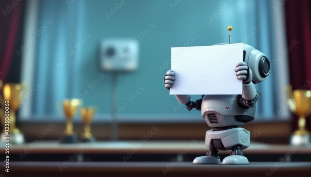 Poster robot holding a blank box, a futuristic character with package.