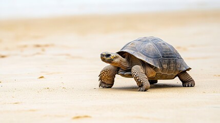 Obraz premium Turtle Walking on Sandy Beach Under Bright Natural Light