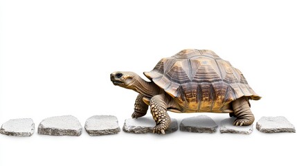 Obraz premium Tortoise Walking on Stones Against a White Background
