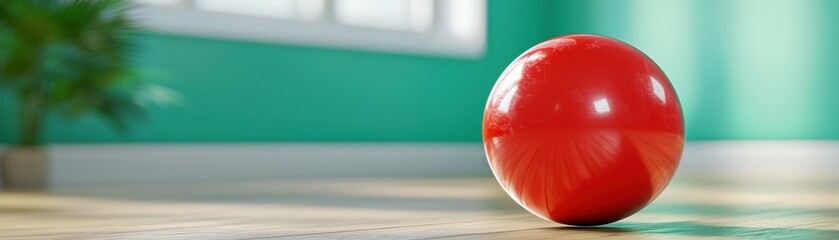 A vibrant red ball on a wooden floor indoors.