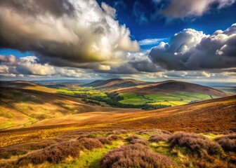 Dublin's Wicklow Mountains: Cloudy skies shroud peatlands, a dramatic Irish landscape.