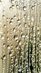 Fototapeta premium Water droplets on a glass surface creating a vertical, greenish pattern, AI generated