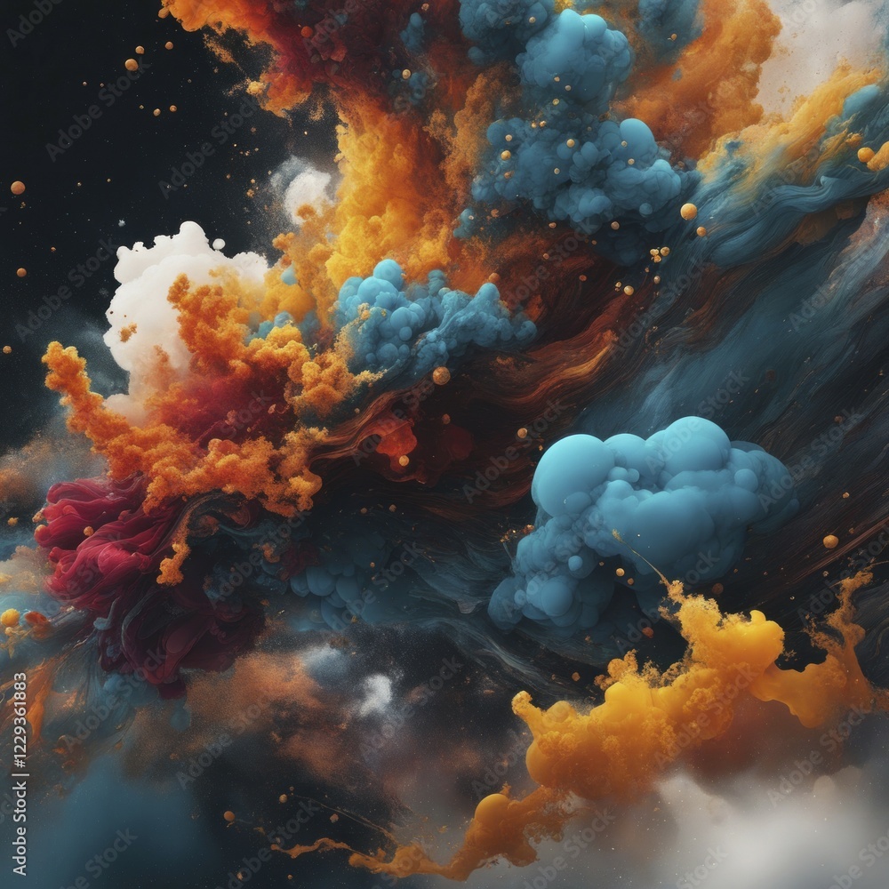 Poster abstract explosion with vibrant orange, blue, and red colors creating a dynamic and energetic effect