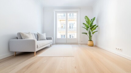 Living room Scandinavian Design Bright Scandinavian living room with white walls, light wood flooring, and a gray sofa, minimalist decor and natural light