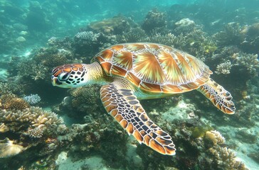 Obraz premium Colorful Sea Turtle Swimming Through Vibrant Coral Reef in Clear Blue Ocean Water Under Bright Sunlight