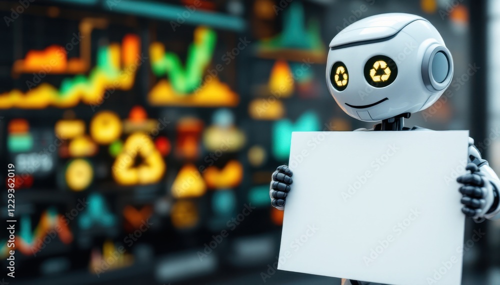 Poster robot holding a blank sign, a futuristic android with a message.