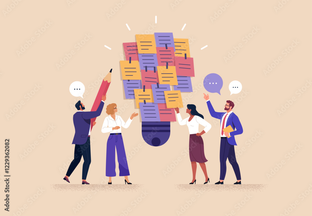 Poster business workshop concept. vector cartoon illustration of a group of diverse people discussing an id
