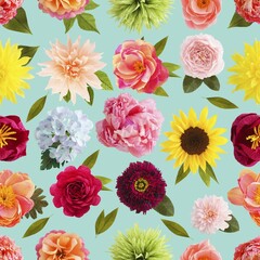 Seamless pattern with handmade crepe paper flowers on turquoise background
