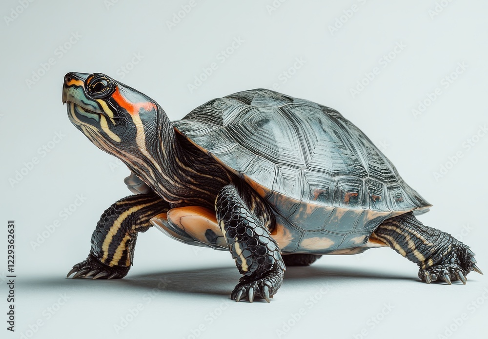 Poster colorful turtle in a studio setting, showcasing intricate shell patterns and vibrant textures, perfe