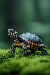 Fototapeta premium Colorful Turtle Crawling on Green Moss in Lush Forest Setting, Capturing the Beauty of Nature and Wildlife in a Serene Environment