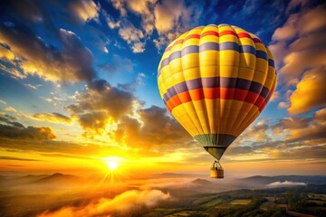 Fototapeta premium Adventure awaits: a vibrant yellow hot air balloon ascends, painting the sunrise sky.
