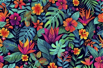 Colorful and vibrant tropical jungle floral pattern with various flowers, illustration, AI generated