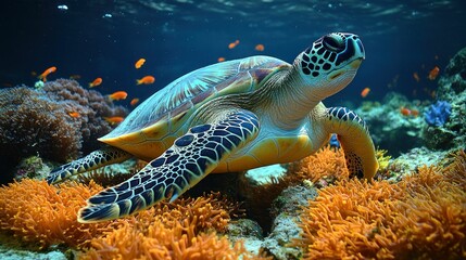 Obraz premium Majestic sea turtle glides through vibrant coral reef.