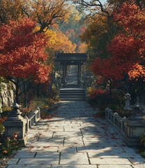 Fototapeta premium Trees with red leaves in the park, with many colorful maple and other trees on both sides of an old stone road leading to a temple entrance