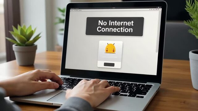 Laptop, hands and no internet connection on screen for technology, failure and problem. Computer, website and error message for network, access and communication