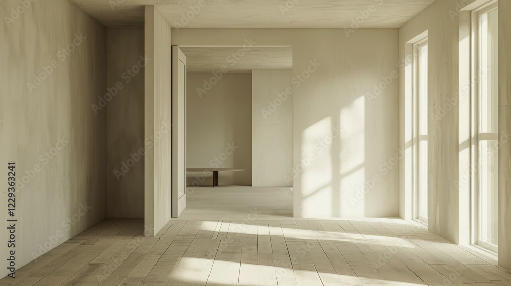 Poster modern empty space with sunlight shining through windows creating patterns on the wooden floor, ai g