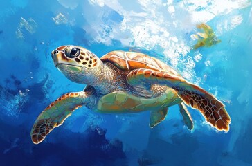 Obraz premium Colorful Turtle Swimming Gracefully in Clear Blue Ocean Surrounded by Vibrant Marine Life and Sunlit Water Reflection
