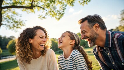 Fototapeta premium Family enjoying a happy moment together with laughter and smiles in a natural setting
